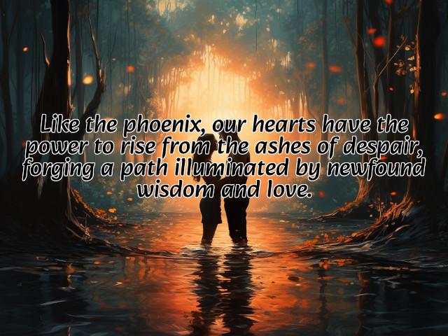 like the phoenix, our hearts have the power to rise from the ashes of despair, forging a path illuminated by newfound wisdom and love. preview